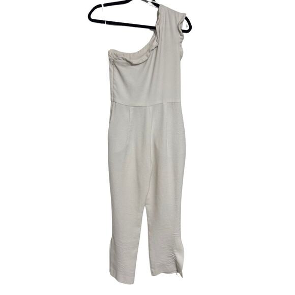 BLACK HALO Pravella Crepe One Shoulder Fitted Cropped Flare Jumpsuit White 2 - Picture 5 of 6